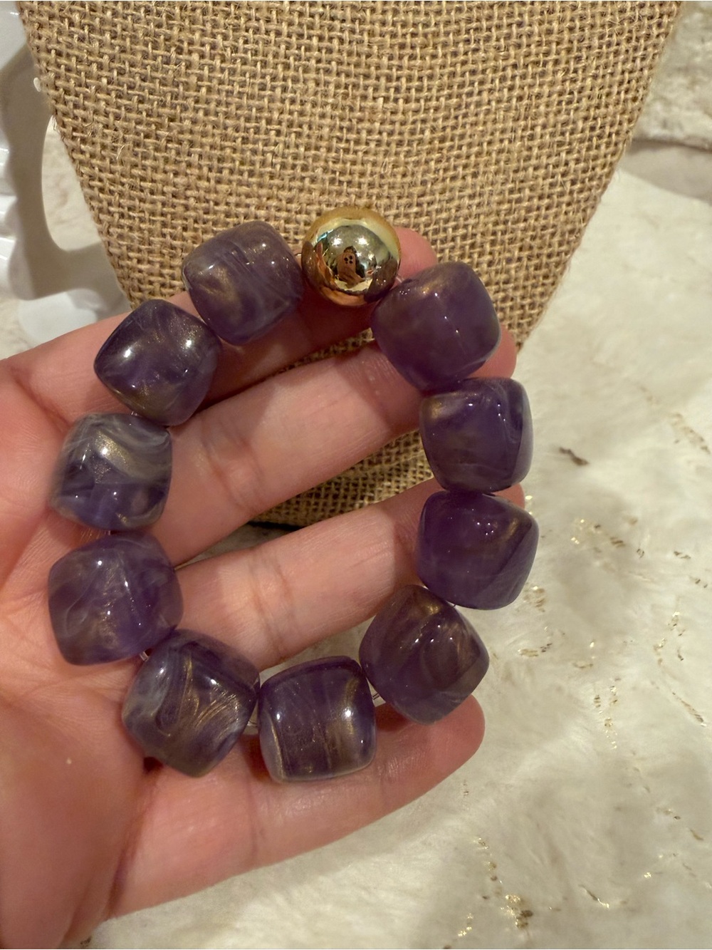 Purple Bead Stretch Bracelet with Gold Accent